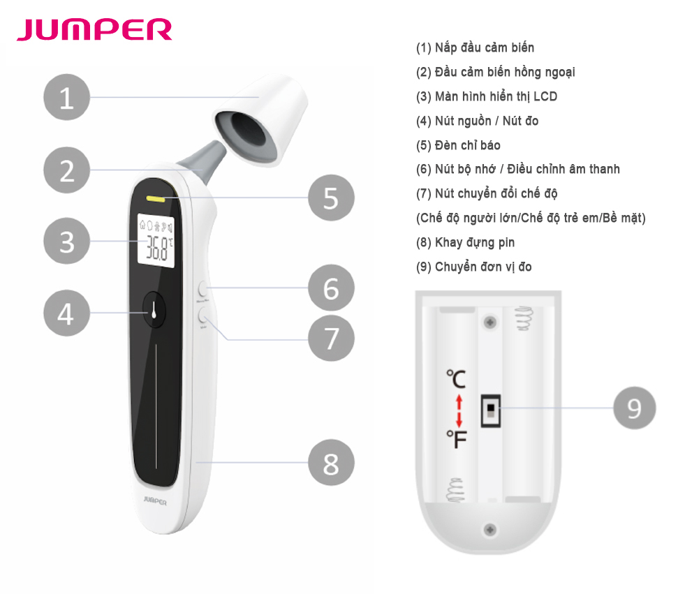 Nhiệt kế điện tử hồng ngoại đo trán và tai Jumper JPD-FR302 5 Thông số kỹ thuật nhiệt kế điện tử hồng ngoại đo trán và tai Jumper JPD-FR302